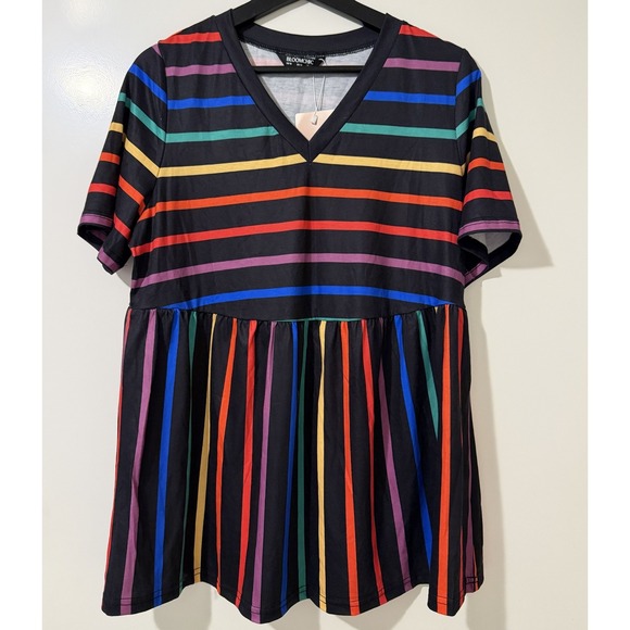 BloomChic Tops - Bloomchic Rainbow Striped Babydoll Tunic Top V-Neck Short Sleeve US 10 NEW‎